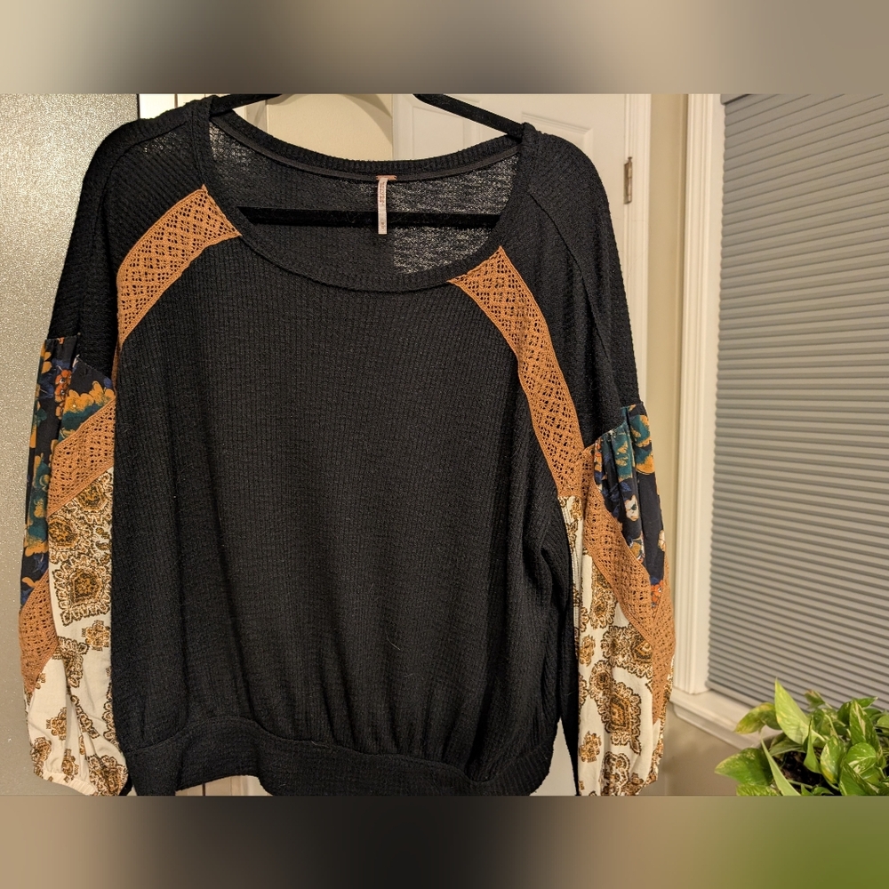 Free People Black Blouse with Gold Embroidery Size M